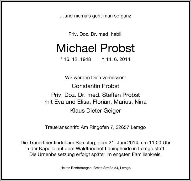  Traueranzeige für Michael Probst vom 18.06.2014 aus Lippische Landes-Zeitung
