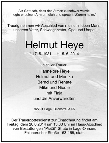 Anzeige  Helmut Heye  Lippische Landes-Zeitung