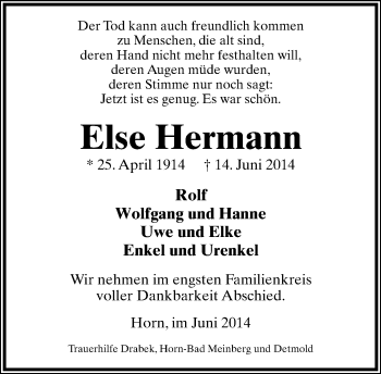 Anzeige  Else Hermann  Lippische Landes-Zeitung