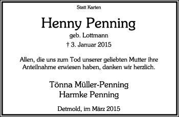 Anzeige  Henny Penning  Lippische Landes-Zeitung