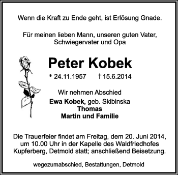 Anzeige  Peter Kobek  Lippische Landes-Zeitung