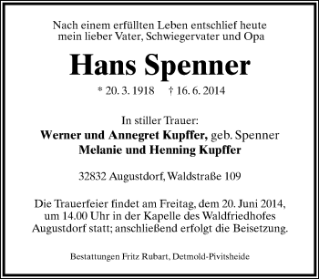 Anzeige  Hans Spenner  Lippische Landes-Zeitung