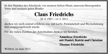 Anzeige  Claus Friedrichs  Lippische Landes-Zeitung