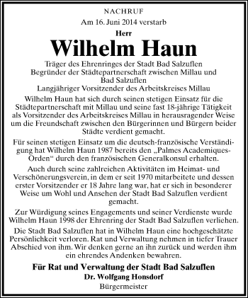 Anzeige  Wilhelm Haun  Lippische Landes-Zeitung