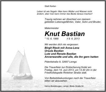 Anzeige  Knut Bastian  Lippische Landes-Zeitung