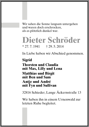 Anzeige  Dieter Schröder  Lippische Landes-Zeitung
