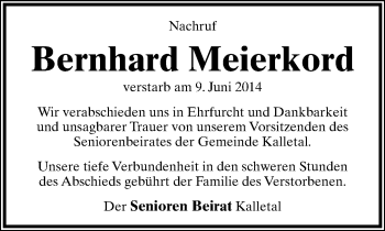 Anzeige  Bernhard Meierkord  Lippische Landes-Zeitung