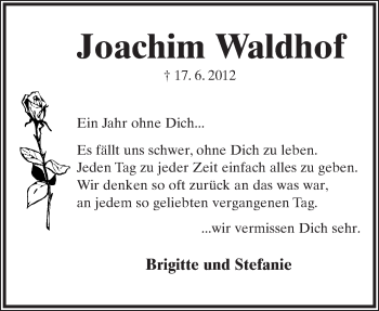 Anzeige  Joachim Waldhof  Lippische Landes-Zeitung