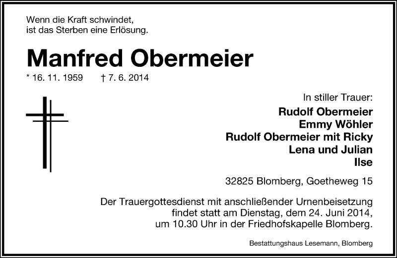  Traueranzeige für Manfred Obermeier vom 18.06.2014 aus Lippische Landes-Zeitung