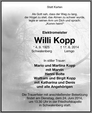 Anzeige  Willi Kopp  Lippische Landes-Zeitung