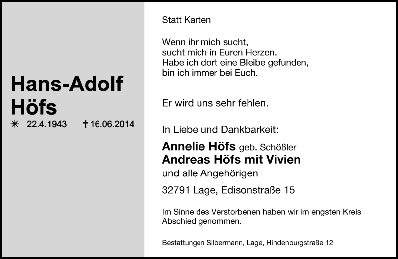  Traueranzeige für Hans-Adolf Höfs vom 28.06.2014 aus Lippische Landes-Zeitung