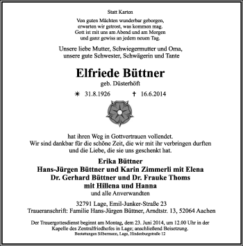 Anzeige  Elfriede  Büttner  Lippische Landes-Zeitung