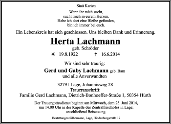 Anzeige  Herta Lachmann  Lippische Landes-Zeitung