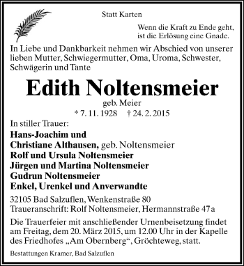 Anzeige  Edith Noltensmeier  Lippische Landes-Zeitung