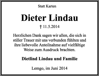 Anzeige  Dieter Lindau  Lippische Landes-Zeitung