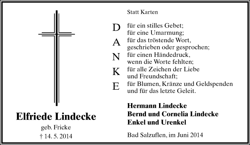  Traueranzeige für Elfriede Lindecke vom 21.06.2014 aus Lippische Landes-Zeitung