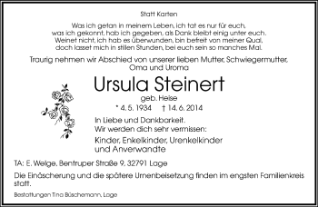 Anzeige  Ursula Steinert  Lippische Landes-Zeitung