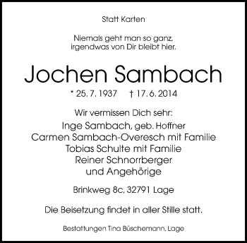 Anzeige  Jochen Sambach  Lippische Landes-Zeitung