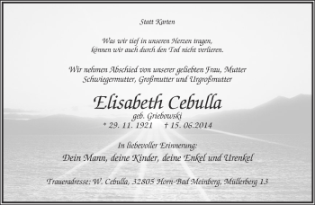 Anzeige  Elisabeth Cebulla  Lippische Landes-Zeitung