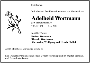 Anzeige  Adelheid Wortmann  Lippische Landes-Zeitung