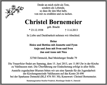 Anzeige  Christel Bornmeier  Lippische Landes-Zeitung
