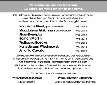 Anzeige  Ordnungsamtbestattungen vom 21.06.2014  Lippische Landes-Zeitung
