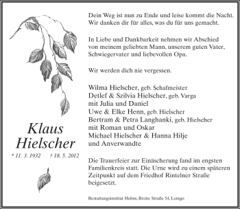 Anzeige  Klaus Hielscher  Lippische Landes-Zeitung