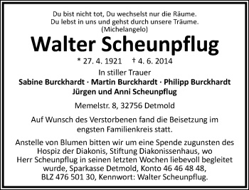 Anzeige  Walter Scheunpflug  Lippische Landes-Zeitung