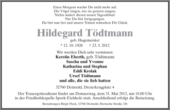 Anzeige  Hildegard Tödtmann  Lippische Landes-Zeitung