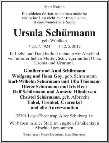 Anzeige  Ursula Schürmann  Lippische Landes-Zeitung
