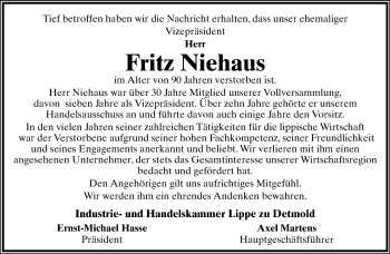 Anzeige  Fritz Niehaus  Lippische Landes-Zeitung