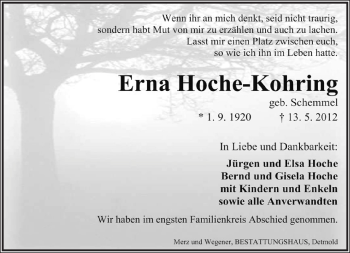 Anzeige  Erna Hoche-Kohring  Lippische Landes-Zeitung