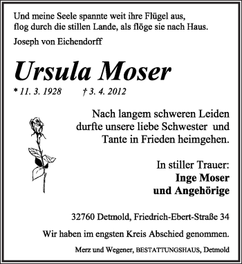 Anzeige  Ursula Moser  Lippische Landes-Zeitung