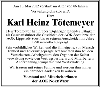 Anzeige  Karl Heinz Tötemeyer  Lippische Landes-Zeitung