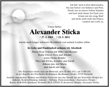 Anzeige  Alexander Sticka  Lippische Landes-Zeitung