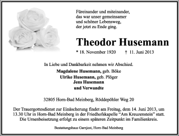 Anzeige  Theodor Husemann  Lippische Landes-Zeitung