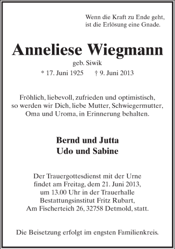 Anzeige  Anneliese Wiegmann  Lippische Landes-Zeitung