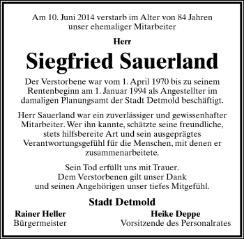 Anzeige  Siegfried Sauerland  Lippische Landes-Zeitung
