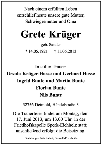 Anzeige  Grete Krüger  Lippische Landes-Zeitung