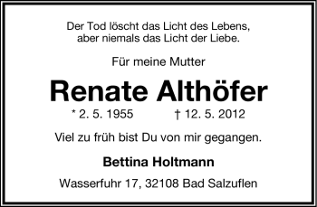 Anzeige  Renate Althöfer  Lippische Landes-Zeitung