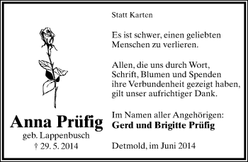 Anzeige  Anna Prüfig  Lippische Landes-Zeitung