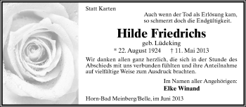 Anzeige  Hilde Friedrichs  Lippische Landes-Zeitung