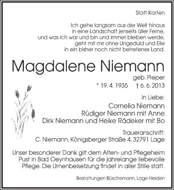 Anzeige  Magdalene Niemann  Lippische Landes-Zeitung