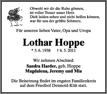 Anzeige  Lothar Hoppe  Lippische Landes-Zeitung