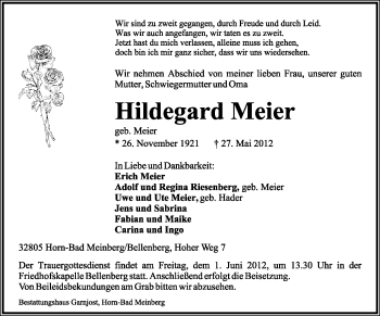 Anzeige  Hildegard Meier  Lippische Landes-Zeitung