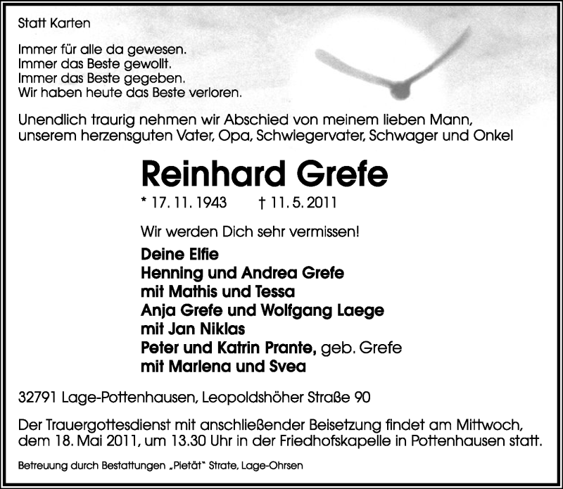  Traueranzeige für Reinhard Grefe vom 14.05.2011 aus Lippische Landes-Zeitung