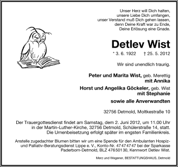 Anzeige  Detlev Wist  Lippische Landes-Zeitung