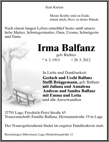 Anzeige  Irma Balfanz  Lippische Landes-Zeitung