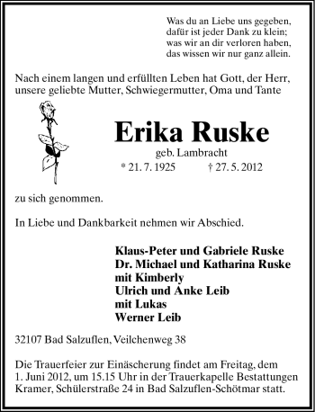 Anzeige  Erika Ruske  Lippische Landes-Zeitung