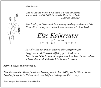 Anzeige  Else Kalkreuter  Lippische Landes-Zeitung